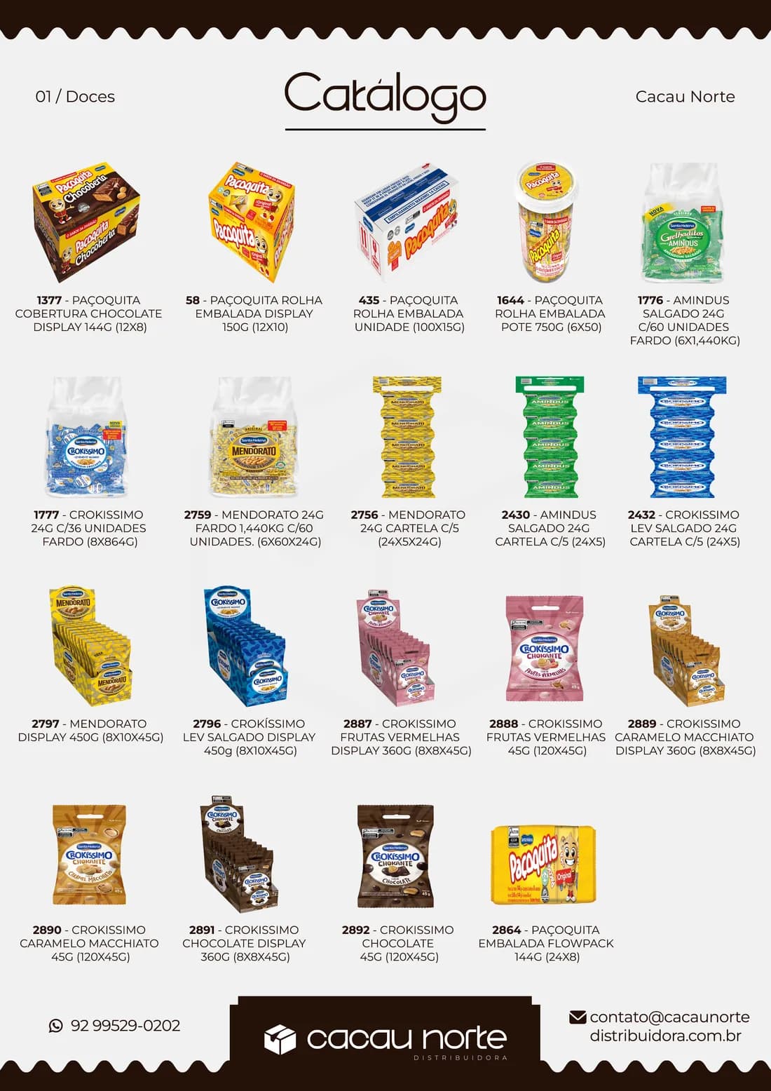 Página do catálogo de doces com produtos Paçoquita, Crokíssimo, Mendorato e Amindus