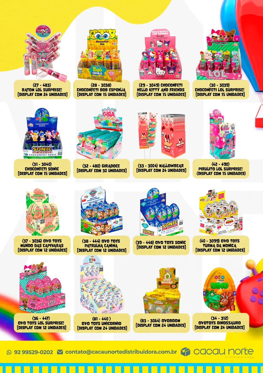 Página do catálogo infantil com displays de Choconfeti, Ovo Toys e pirulitos